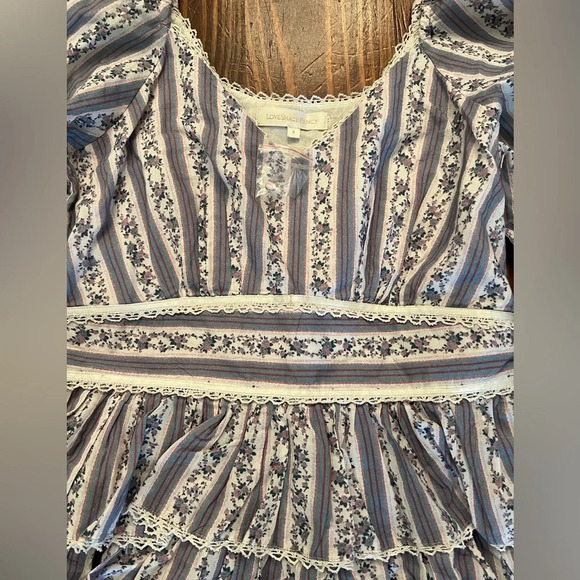 LOVESHACKFANCY Astor Striped Ruffle-Tiered Dress Blue & White Floral Long Sleeve - Picture 6 of 12